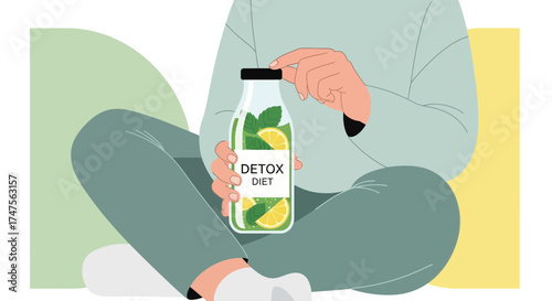 Person relaxing and holding detox water with lemon, mint, healthy lifestyle concept