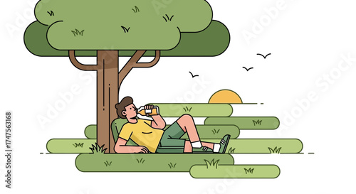 Person Relaxing and Rehydrating Under a Shady Tree During a Summer Afternoon