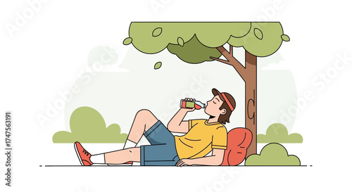 Person Relaxing Beneath Tree While Drinking Refreshment on Sunny Day Illustration