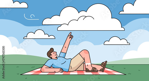 Person Relaxing Outdoors Under Cloudscape on Picnic Blanket, Summer Day Illustration
