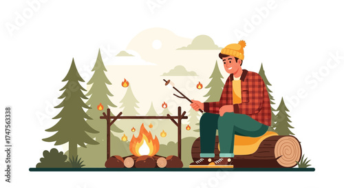 Person Roasting Marshmallow Over Campfire For Peaceful Camping Entertainment in Nature