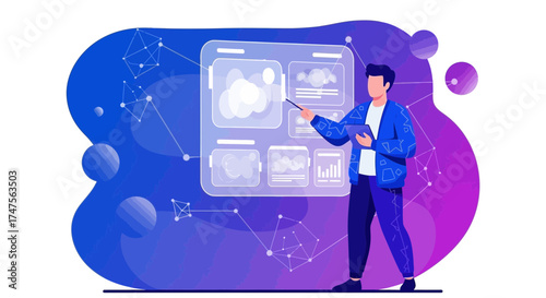 Presentation of data analysis by a man in a futuristic and technological environment