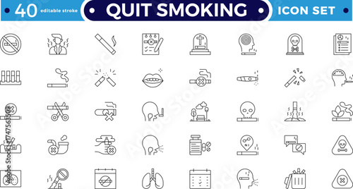 Quit Smoking outline icons. Includes stop, no smoking, tobacco, nicotine, addiction, danger, cancer, and health risk pictograms. Editable stroke outline icon. 