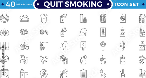 Quit Smoking outline icons. Includes stop, no smoking, tobacco, nicotine, addiction, danger, cancer, and health risk pictograms. Editable stroke outline icon. 