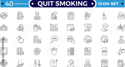 Quit Smoking outline icons. Includes stop, no smoking, tobacco, nicotine, addiction, danger, cancer, and health risk pictograms. Editable stroke outline icon. 