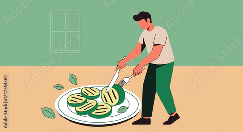 Person Slicing Grilled Zucchini on a Plate in a Modern Minimalist Kitchen Design