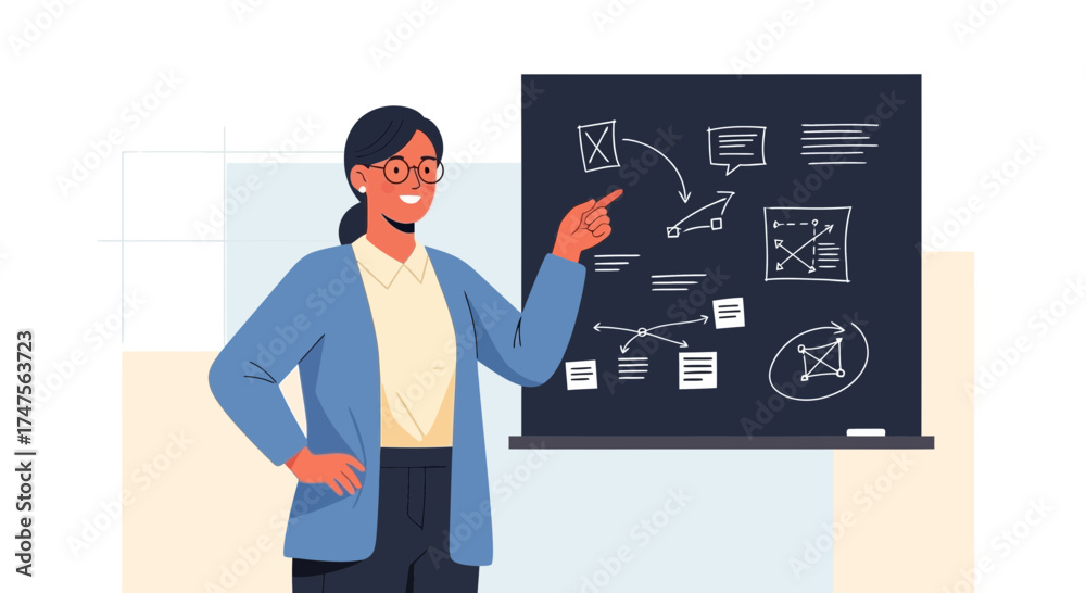 Fototapeta premium Presentation Skills Empowering Female Educator Explaining Visual Data on Blackboard