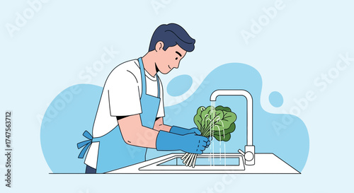 Person Washing Fresh Green Vegetables Under Running Water in Kitchen with an Apron