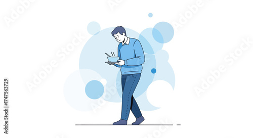 Person with a Meal: Illustration of a Gentleman Holding a Bowl of Soup in an Artistic Design