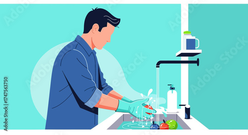 Person Washing Produce in a Kitchen Sink with Water and Protective Gloves