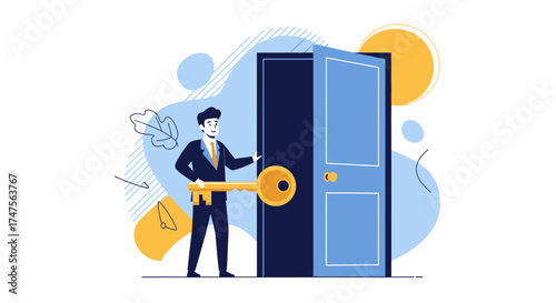 Person With Key Opening The Door Represents Opportunity and Success Ahead