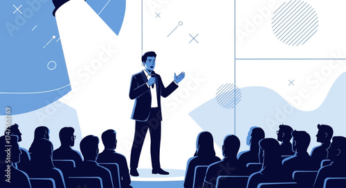 Presenter Addressing Audience During Conference Under Dramatic Lighting With Enthusiasm