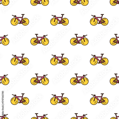 doodle pattern of road bicycle with a pink frame, dark brown handlebars, seat, and pedals. It has yellow wheels with the word "BIKE" written multiple times around their circumference in brown text.