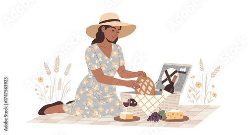 Picnic Scene Features a Woman Opening a Basket Preparing for Outdoor Leisure Activities