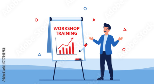 Presenter Demonstrating Statistics On A Workshop Training Whiteboard With Charts And Graphs