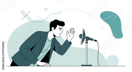 Presenter Gesturing Near Microphone On Stage, Public Speaking, Vector Illustration
