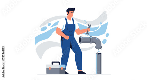 Plumber Repairing A Broken Pipe. Vector Illustration Of A Man Fixing Leakage