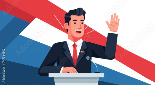 Politician giving a speech speaking at podium with a red tie raising his hand