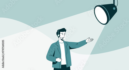 Presenter Illuminated By Spotlight, Engaging Audience With Animated Style Illustration