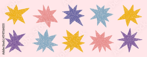 Crayon Stars Shapes Set. Vector Hand Drawn Chalk Funky Groovy Sparks Forms in Retro Style. Kids Doodle Abstract Elements for Patterns, Stickers , Badges, Posters, Web Design.