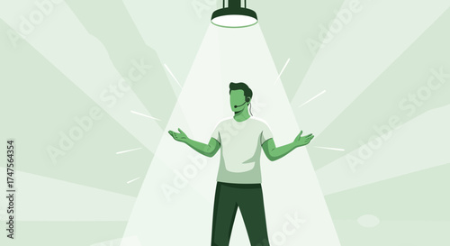 Presenter Illuminated By Overhead Lighting, Delivering A Speech, Green Tones