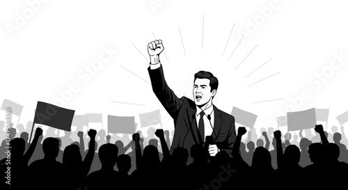 Powerful Orator Giving Speech, Motivating Crowd, Protest, Political Rally, Illustration