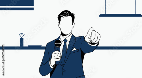 Presenter In Suit Points At Viewer While Holding Microphone Ready To Speak