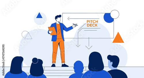 Presenter Outlining Strategy To Audience Using Pitch Deck Visualization In Business Meeting