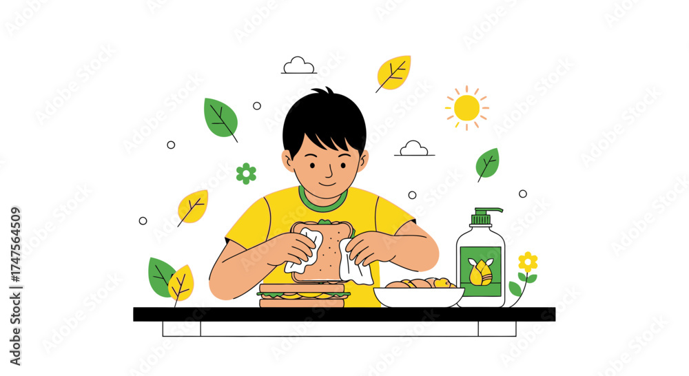 Fototapeta premium Preparing a Sandwich: Simple Illustration of Young Person Crafting Meal In Delightful Setting