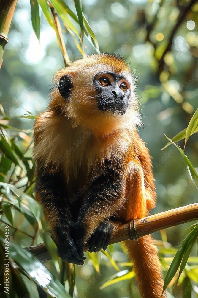 Fototapeta premium Young golden monkey sitting on bamboo branch surrounded by lush green foliage in a tranquil forest setting