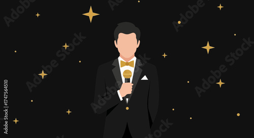 Presenter Speaks Into Microphone With Golden Stars On Black Background