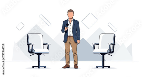Presenter Standing Between Two Chairs With Microphone Performing on Abstract Background