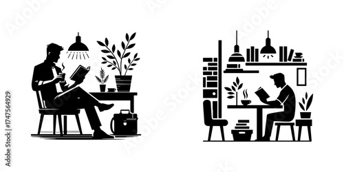Modern Minimalist Man Reading Book Icon, Flat Silhouette of a Person Sitting in Café Vector for Coffee Shop Illustration Design