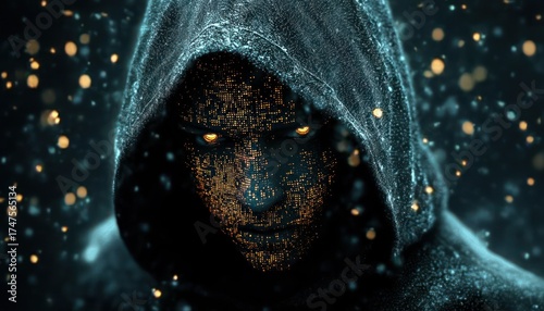 Mysterious figure with glowing eyes and digital pixelated face wearing a hood surrounded by floating light particles in a dark atmospheric setting