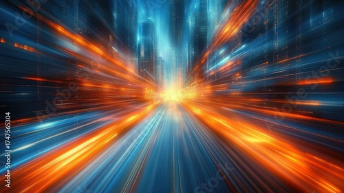 Dynamic light trails in vibrant orange and blue hues converging towards a bright central point, suggesting high-speed motion through a futuristic urban environment