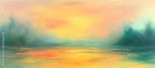 Serene abstract landscape with soft blurred colors depicting a calm water body reflecting warm sunset hues and greenish-blue forest silhouettes