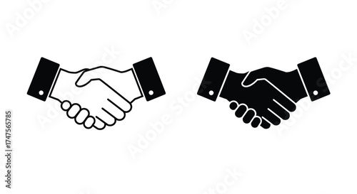 Two monochrome handshakes symbolizing agreement partnership and successful collaboration