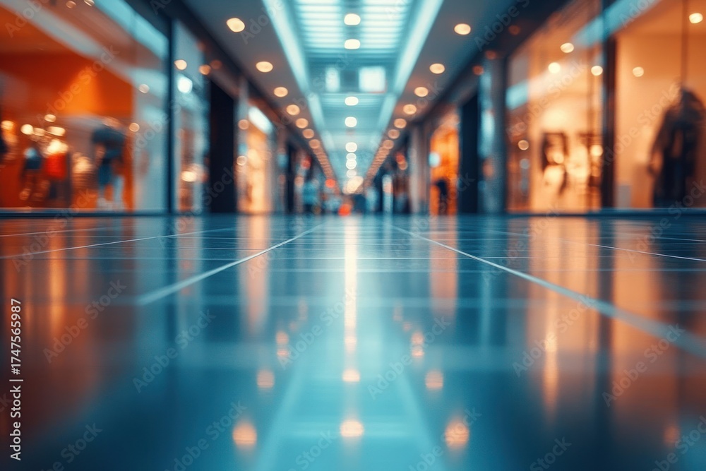 Fototapeta premium Wide low-angle view of an empty shopping mall corridor with glossy tiled floor and brightly lit storefronts on both sides creating a futuristic and calm atmosphere