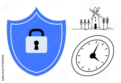Blue shield with lock for security, windmill with wheat for sustainability, and a clock symbolizing time. Ideal for protection, agriculture, sustainability, punctuality, energy, rural economy simple