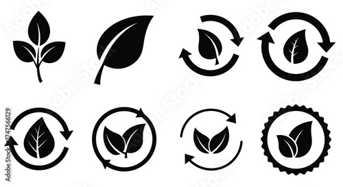 Black and white illustrations depicting leaves and recycling symbols