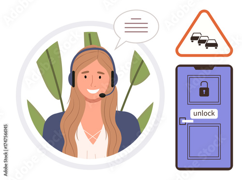 Smiling woman wearing a headset inside a circular frame, triangular traffic congestion warning sign, and a locked door with an unlock label. Ideal for customer service, communication, safety