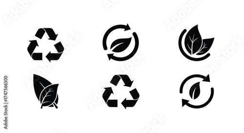 Black eco friendly icons depicting recycling leaves and sustainable concepts