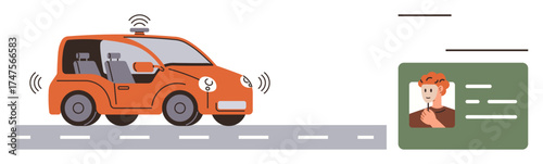 Self-driving orange car emitting signals on road next to electronic drivers ID. Ideal for technology, innovation, transportation, safety, identity verification, smart cars, digitalization. Simple