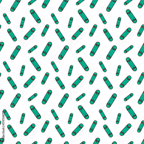 doodle pattern of This image shows a teal skateboard with dark brown outlines, grey trucks, and small orange wheels visible at the ends.