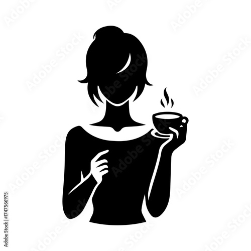 Modern Minimalist Woman Holding Coffee Icon, Flat Silhouette of a Female Figure with Cup Vector for Illustration Design