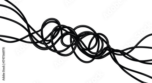 Tangled electric cables and wires chaos illustration, messy power line connection, abstract black and white vector art symbolizing confusion and complexity.