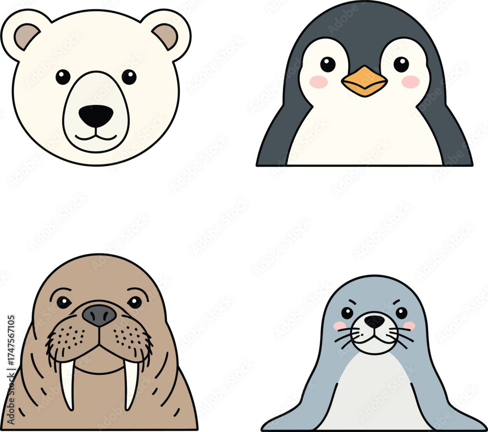 Naklejka premium Cute Cartoon Arctic and Antarctic Polar Animal Heads Vector Set Polar Bear, Penguin, Walrus, and Seal Bold Outline adorable design perfect for children's products, logos, stickers, and educational.