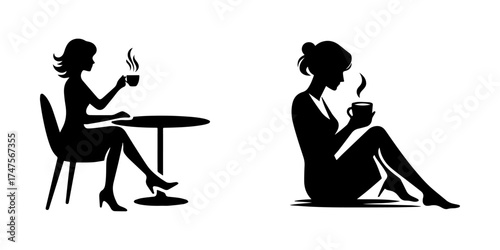 Modern Minimalist Woman Sitting with Coffee Icon, Flat Silhouette of a Female Figure Holding Mug Vector for Café Illustration Design