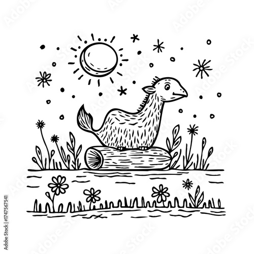 Whimsical creature resting on log floating a serene river daydreaming under a sun and stars