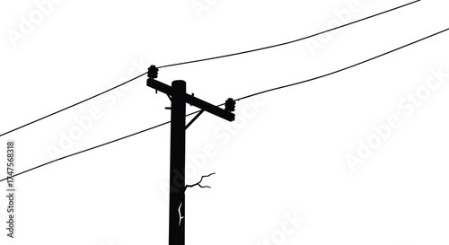 Wooden electric power pole with wires silhouette illustration, rural electricity infrastructure vector design, utility post, black and white minimal energy concept
